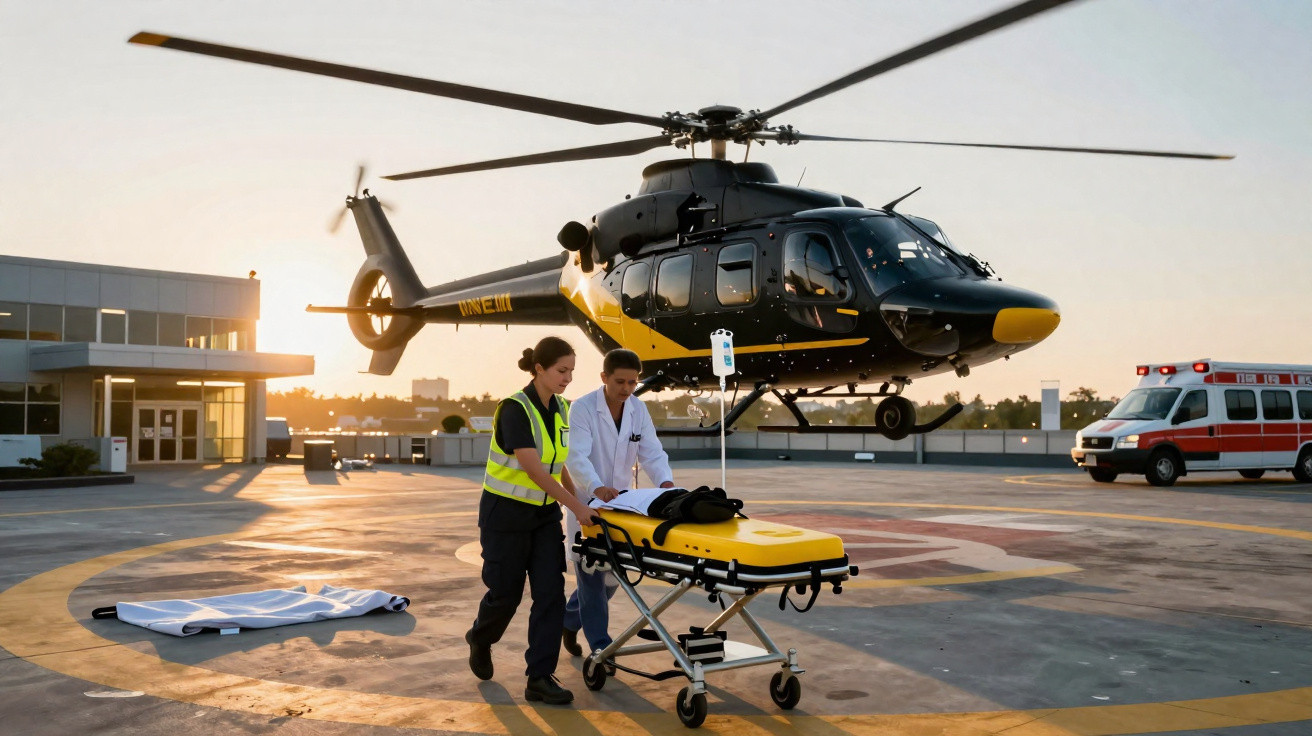 Helicóptero de emergência em hospital com profissionais de saúde a empurrar maca no heliponto ao pôr do sol.