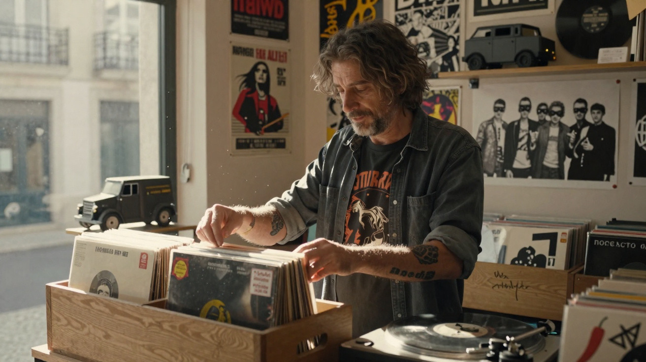 Homem com cabelo comprido e tatuagens a folhear discos de vinil numa loja de música.