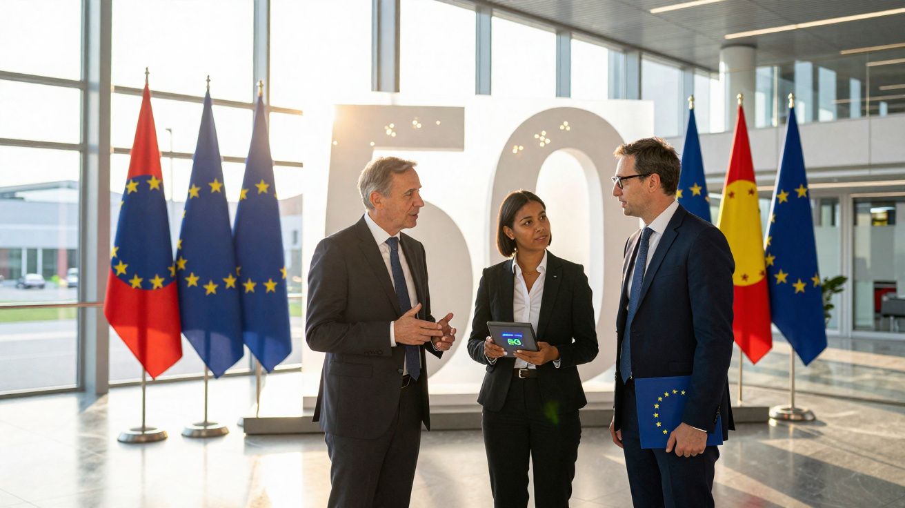 Três pessoas de negócios em conversa num espaço moderno com bandeiras da União Europeia e número 50 ao fundo.