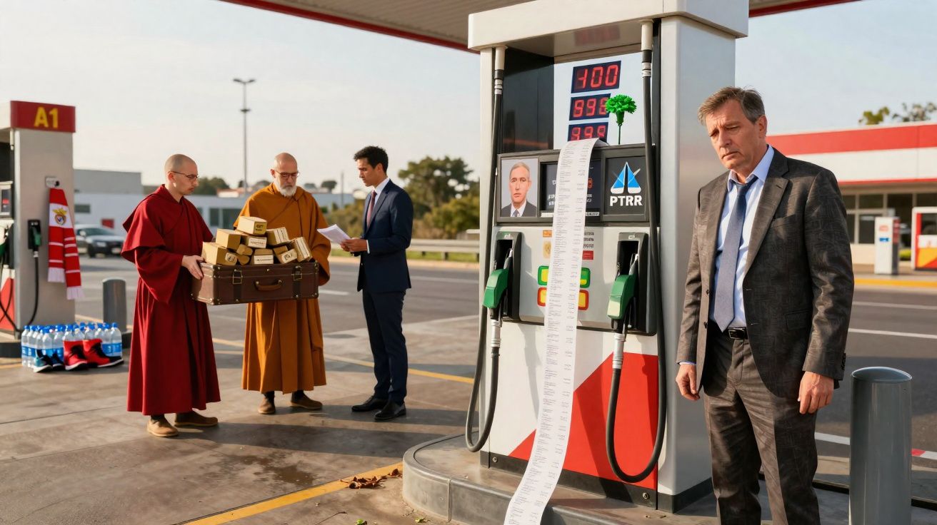 Posto de combustível com três homens ao fundo, dois deles com vestes monásticas e um terceiro de fato, e homem sério ao lado 
