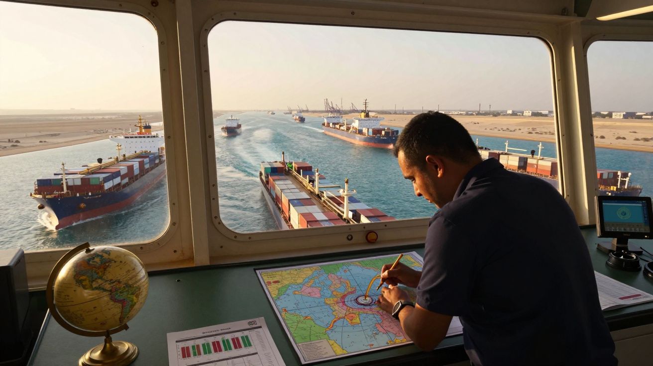 Homem a traçar rota numa carta náutica com vista para vários navios porta-contentores num canal marítimo.