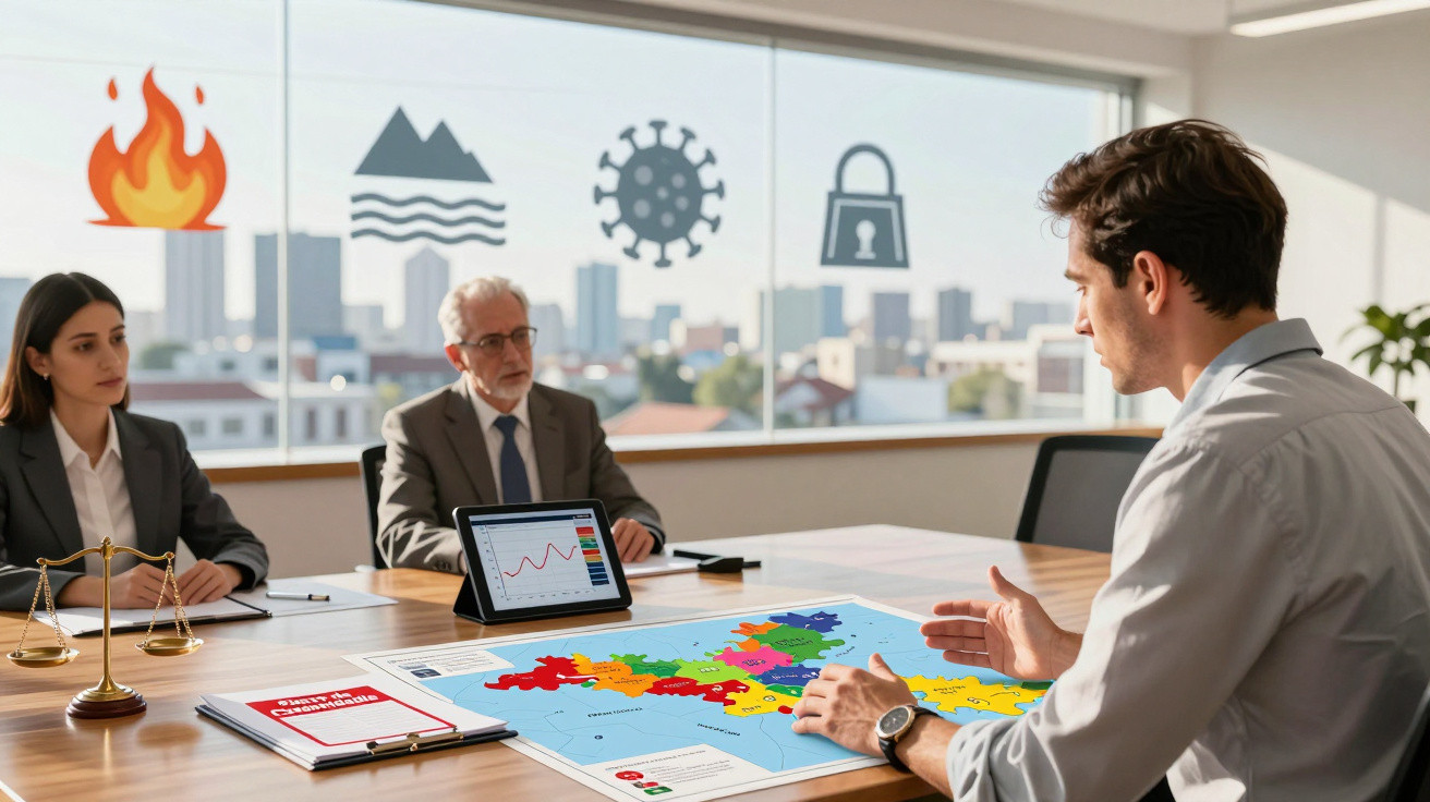 Reunião de três pessoas em escritório a analisar mapa com riscos geográficos e dados no tablet.