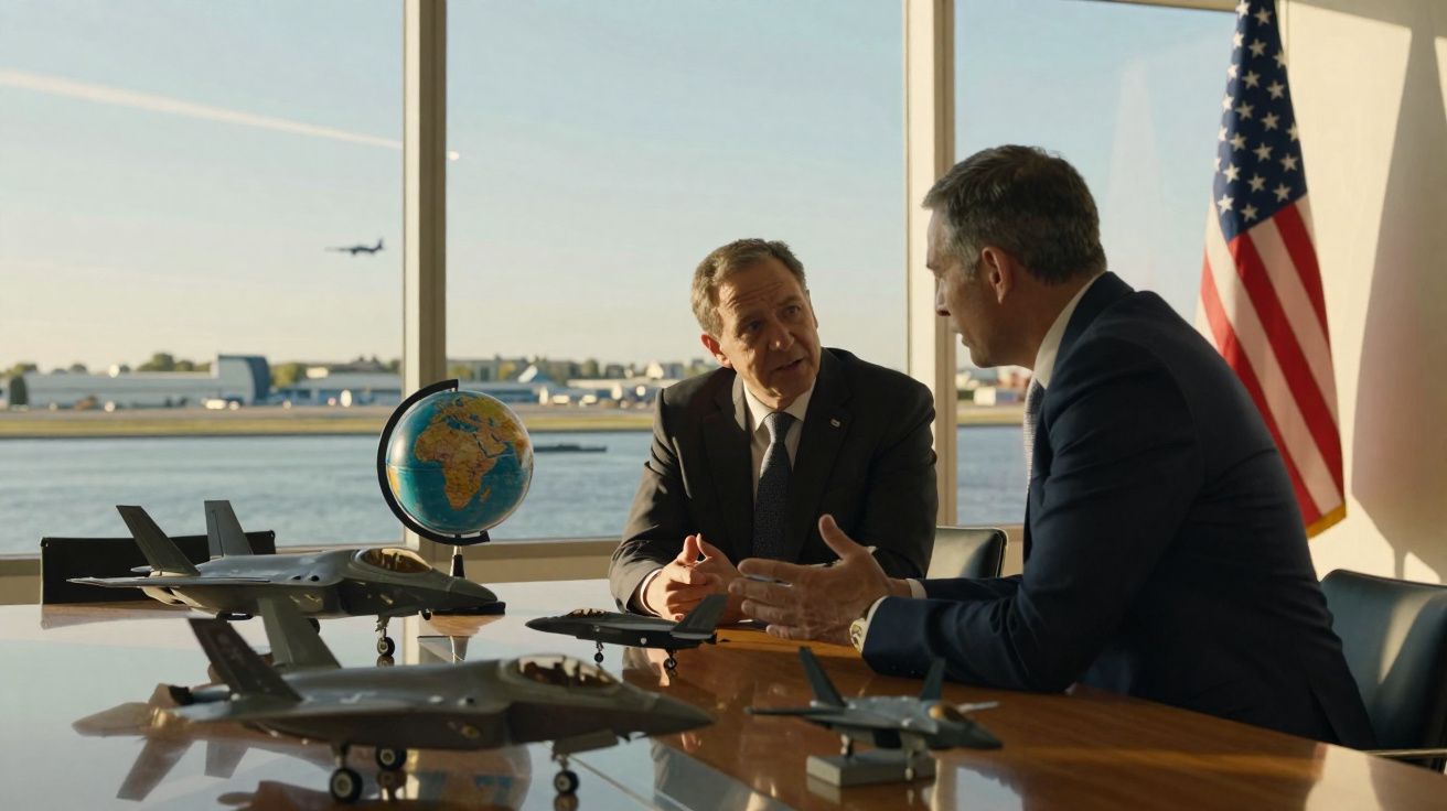 Dois homens em fato conversam numa sala com modelos de aviões e uma bandeira dos EUA ao fundo, junto a uma janela.
