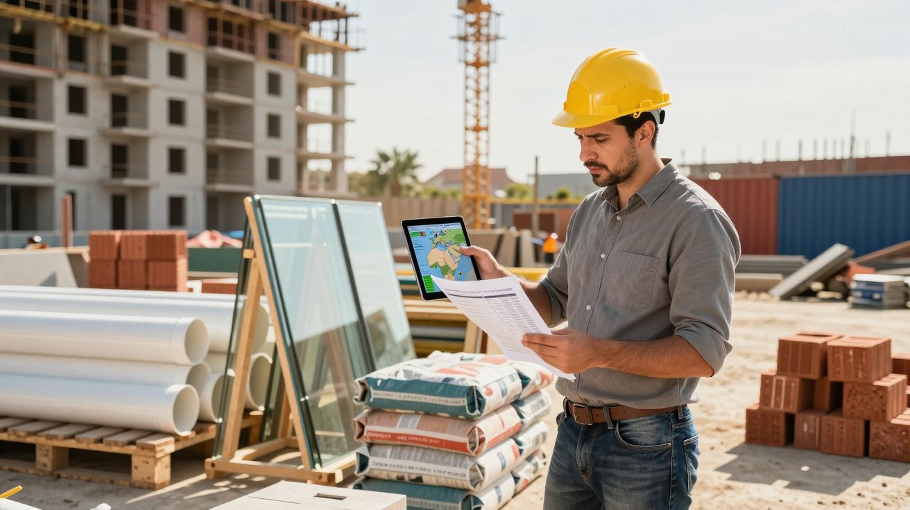 Engenheiro com capacete amarelo a consultar documentos e tablet num estaleiro de construção.