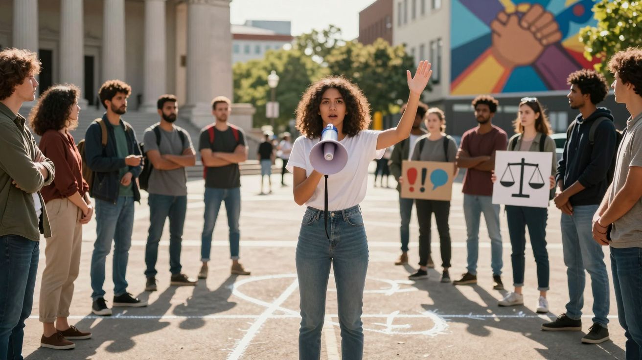 Mulher com megafone a falar em protesto, rodeada por grupo diverso com cartazes numa praça citadina.