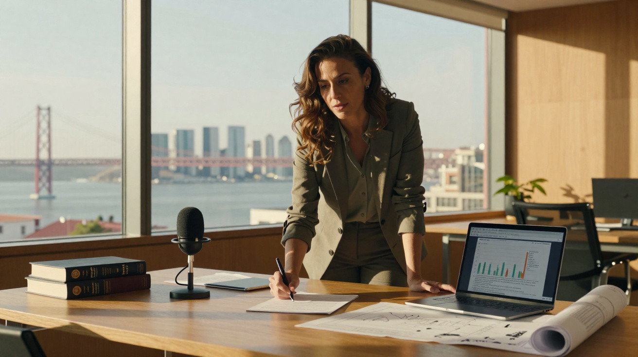 Mulher de fato cinzento a escrever em papel num escritório com vista para ponte e cidade, laptop e microfone à frente.