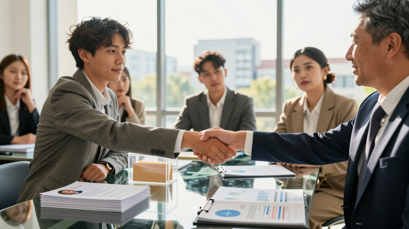 Duas pessoas a apertar as mãos numa reunião de negócios com três colegas a observar à volta de uma mesa.