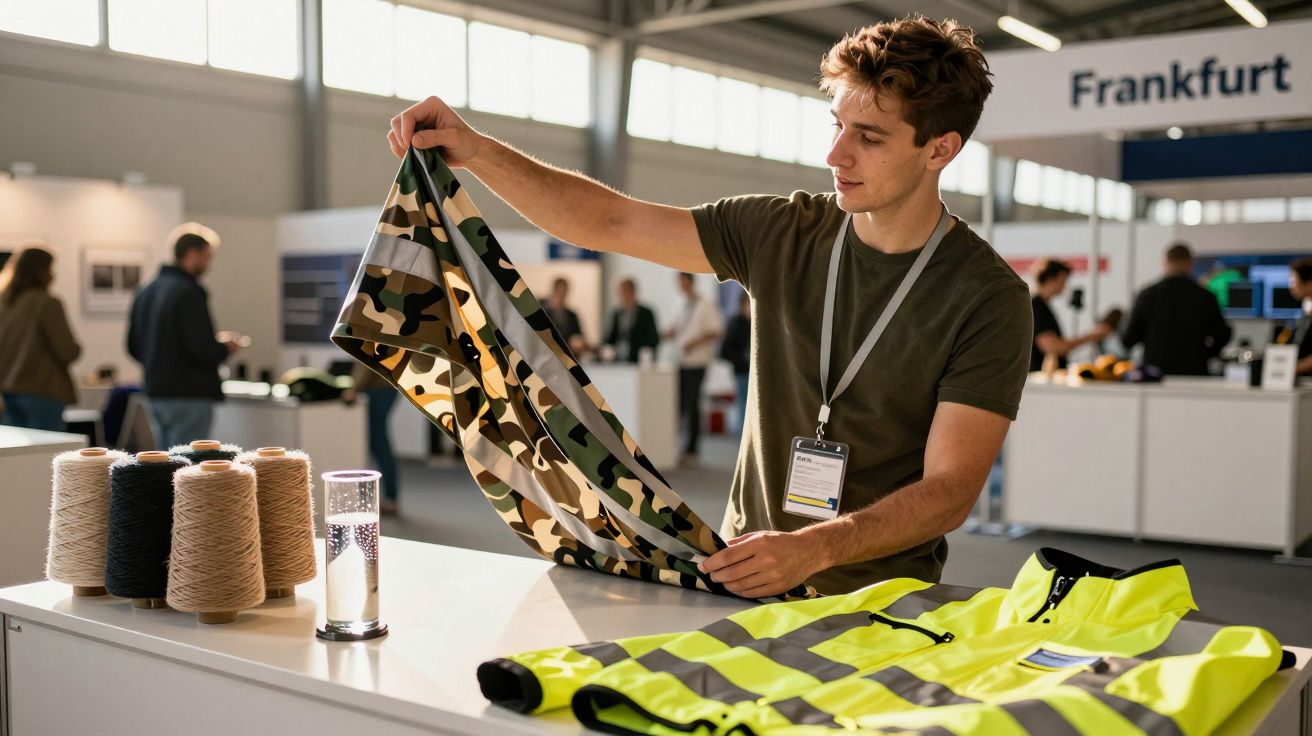 Homem jovem examina tecido camuflado numa feira, com cones de linha e colete refletor amarelo à sua frente.