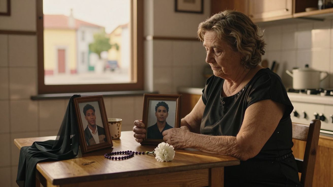Mulher idosa sentada à mesa, segurando foto de jovem, com outros objetos de memória e luto.