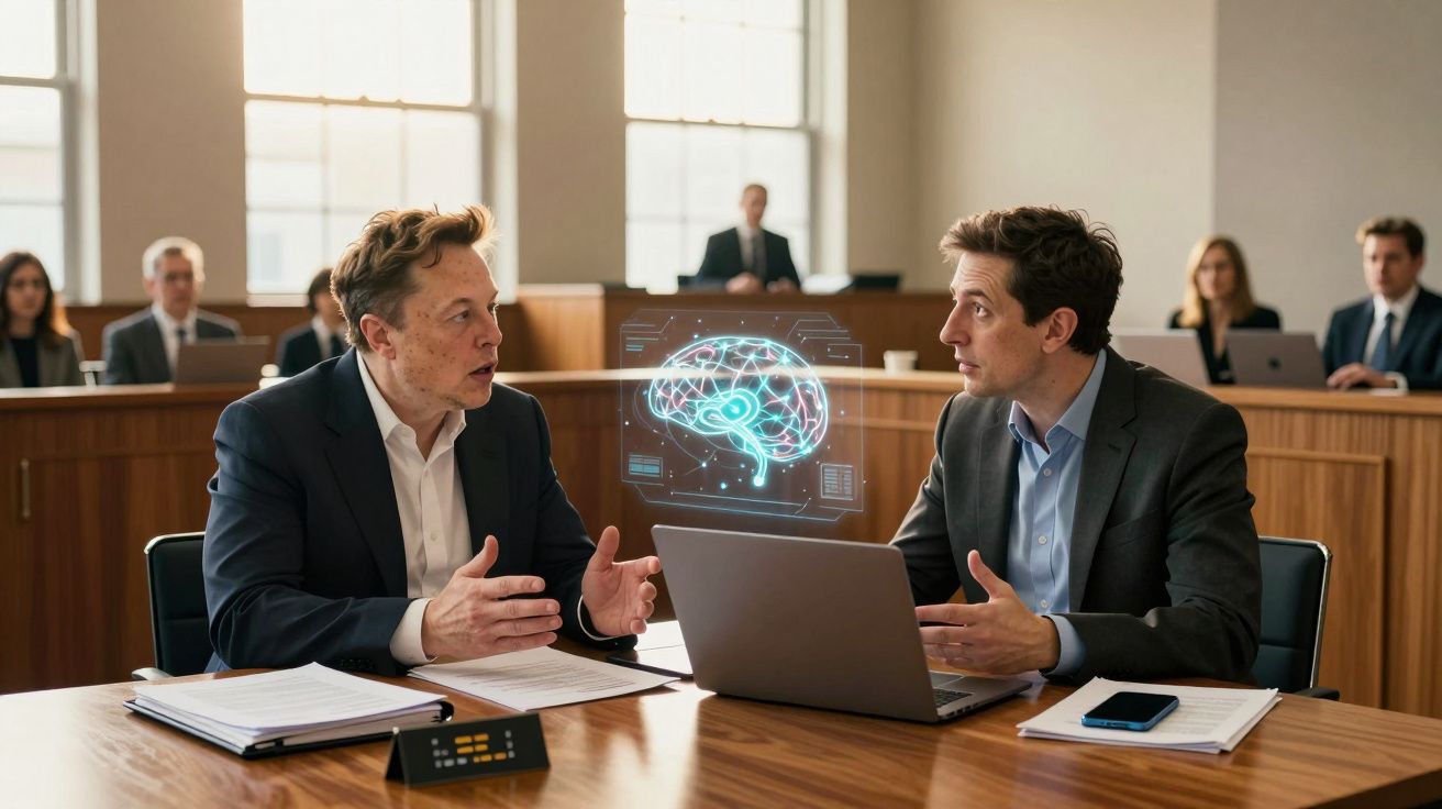 Dois homens de fato discutem diante de um holograma de cérebro digital numa sala de tribunal moderna.