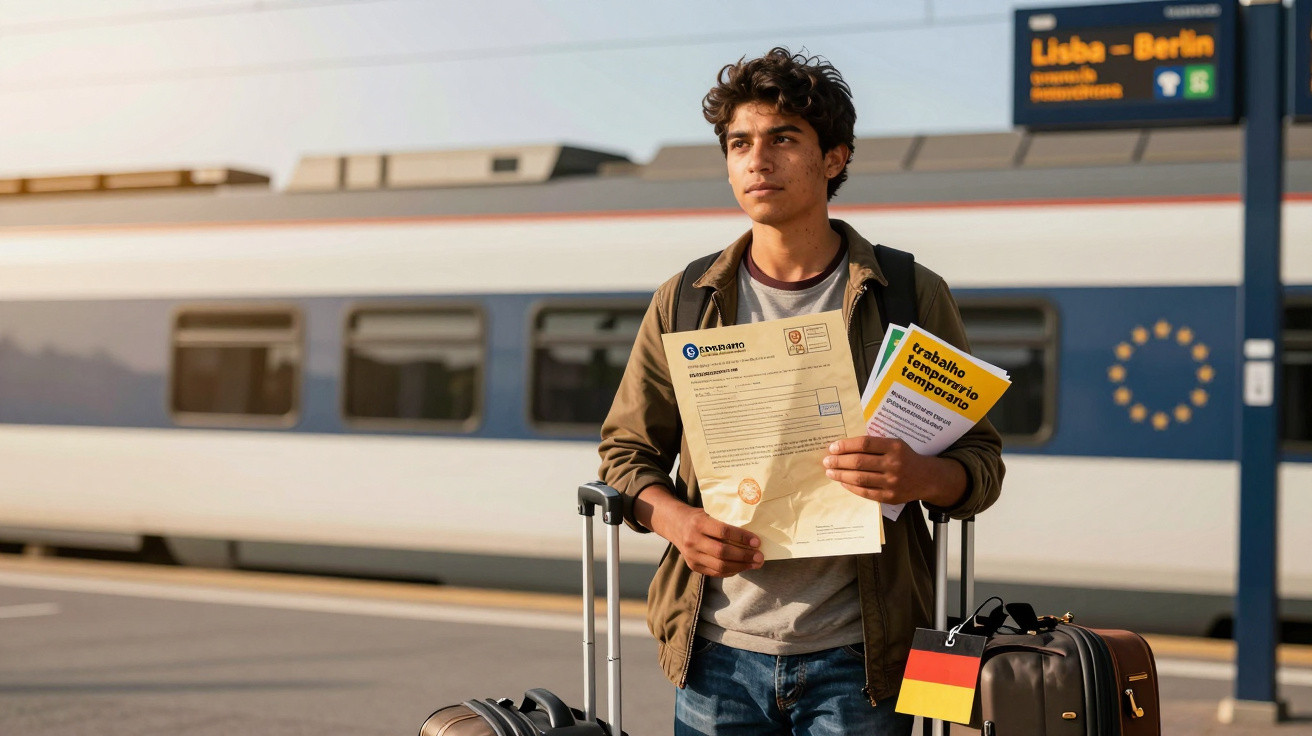 Jovem com malas e documentos numa estação de comboios, com um comboio de alta velocidade ao fundo.