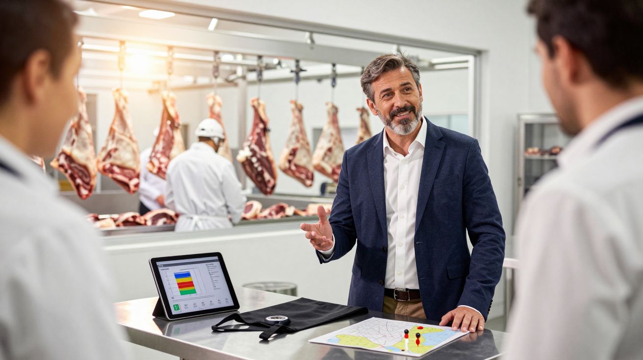 Homem de fato a explicar estratégia a dois profissionais de saúde numa câmara frigorífica com peças de carne penduradas.