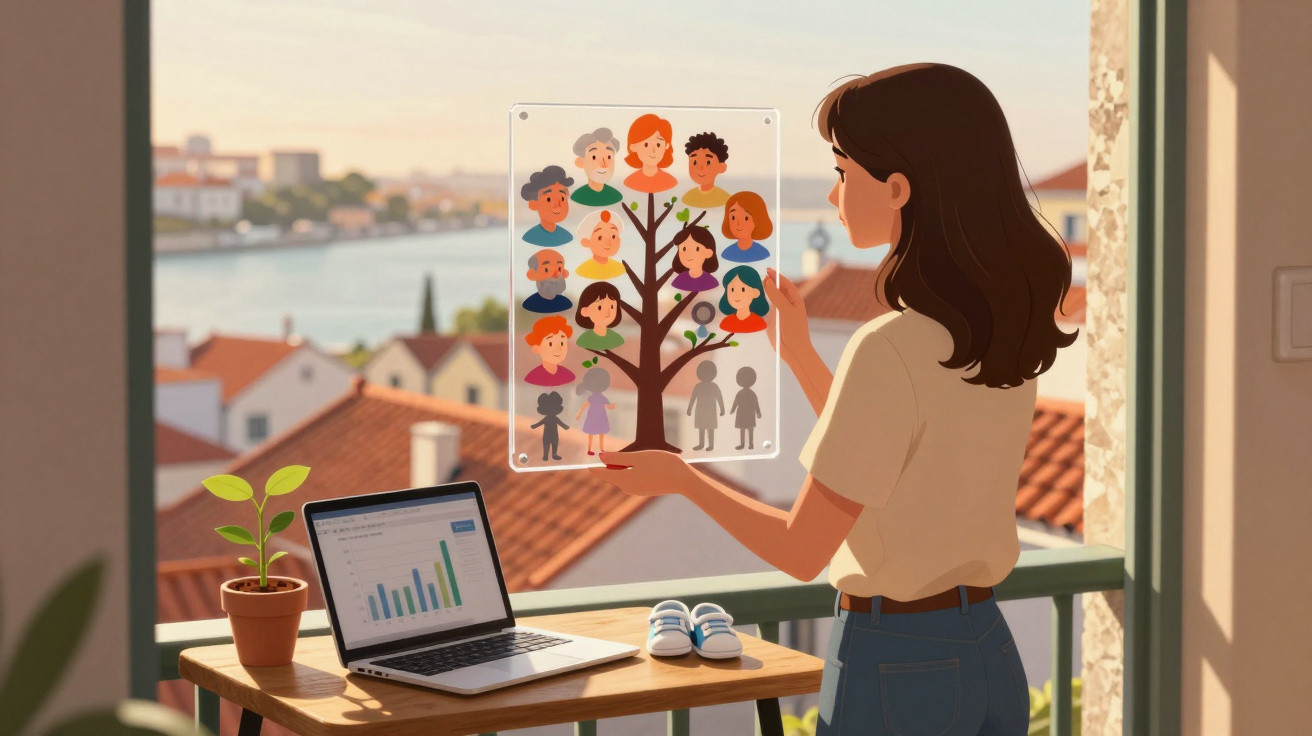 Jovem mulher observa árvore genealógica transparente numa varanda com vista para cidade e rio ao pôr do sol.