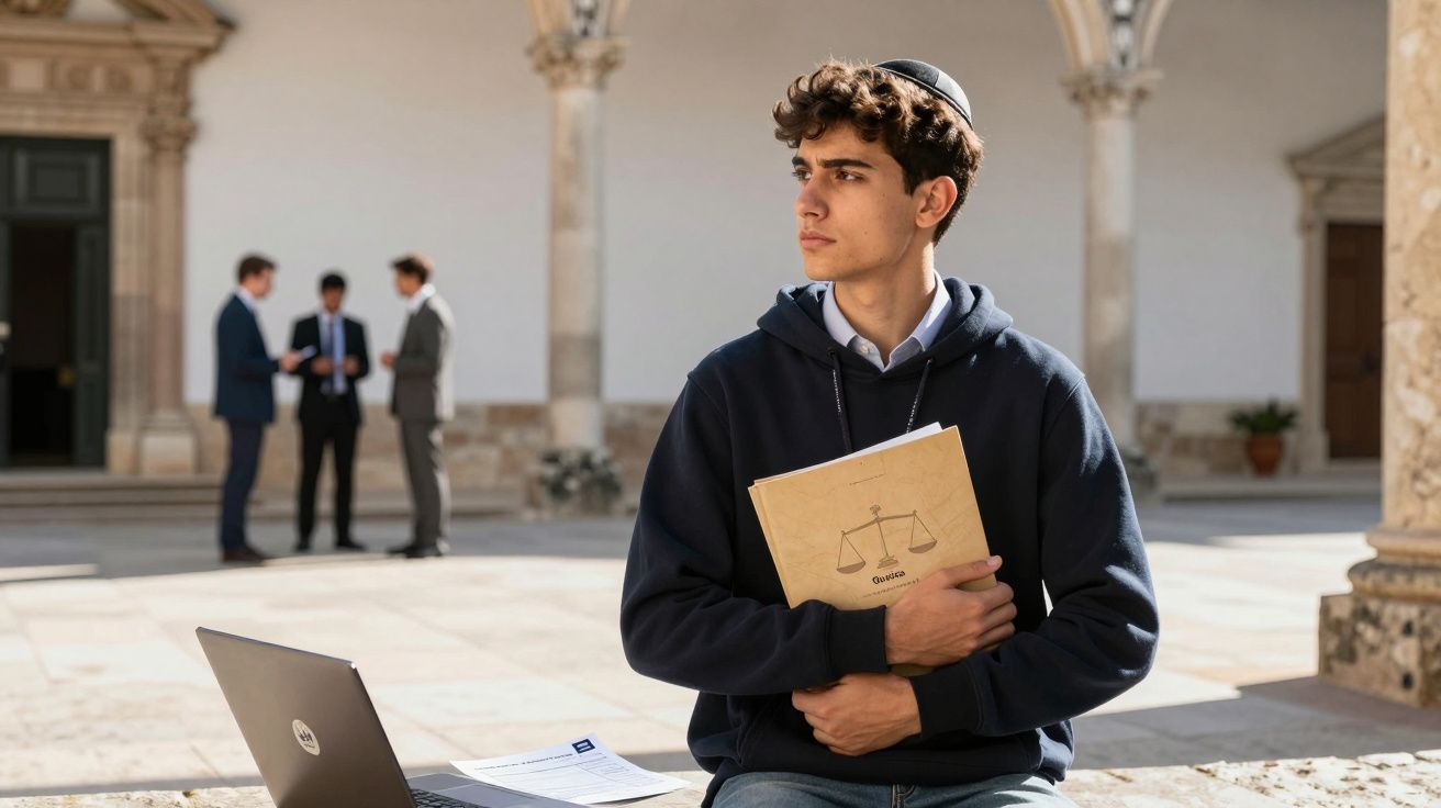 Jovem estudante com kipá segura pasta de direito sentado em pátio com laptop e documentos à sua frente.