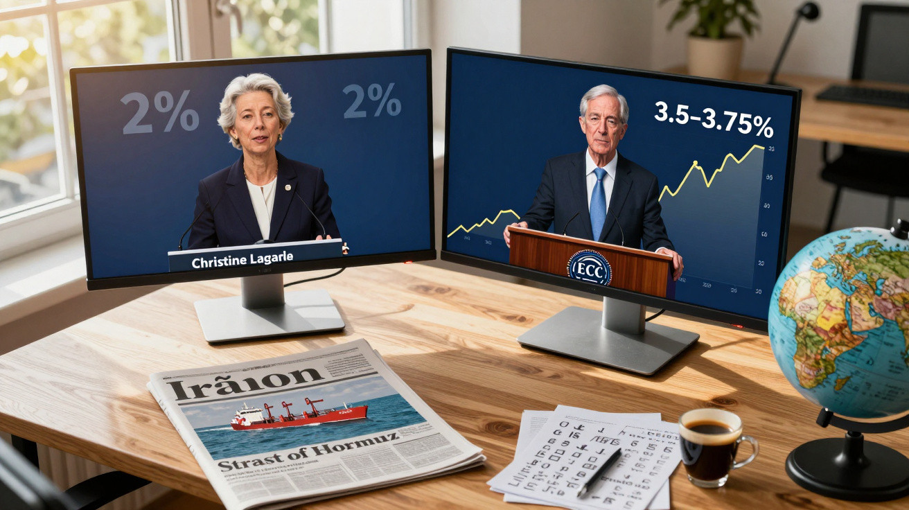 Mesa com dois ecrãs a mostrar conferências sobre economia, jornal, café, terraço e globo terrestre.