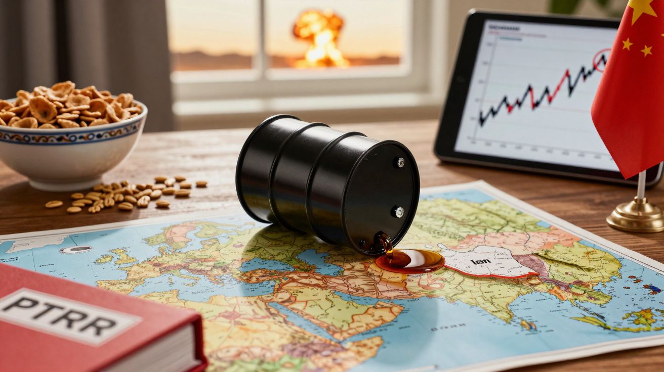 Barril de petróleo derramando óleo sobre mapa do Médio Oriente com gráfico e bandeira da China ao fundo.