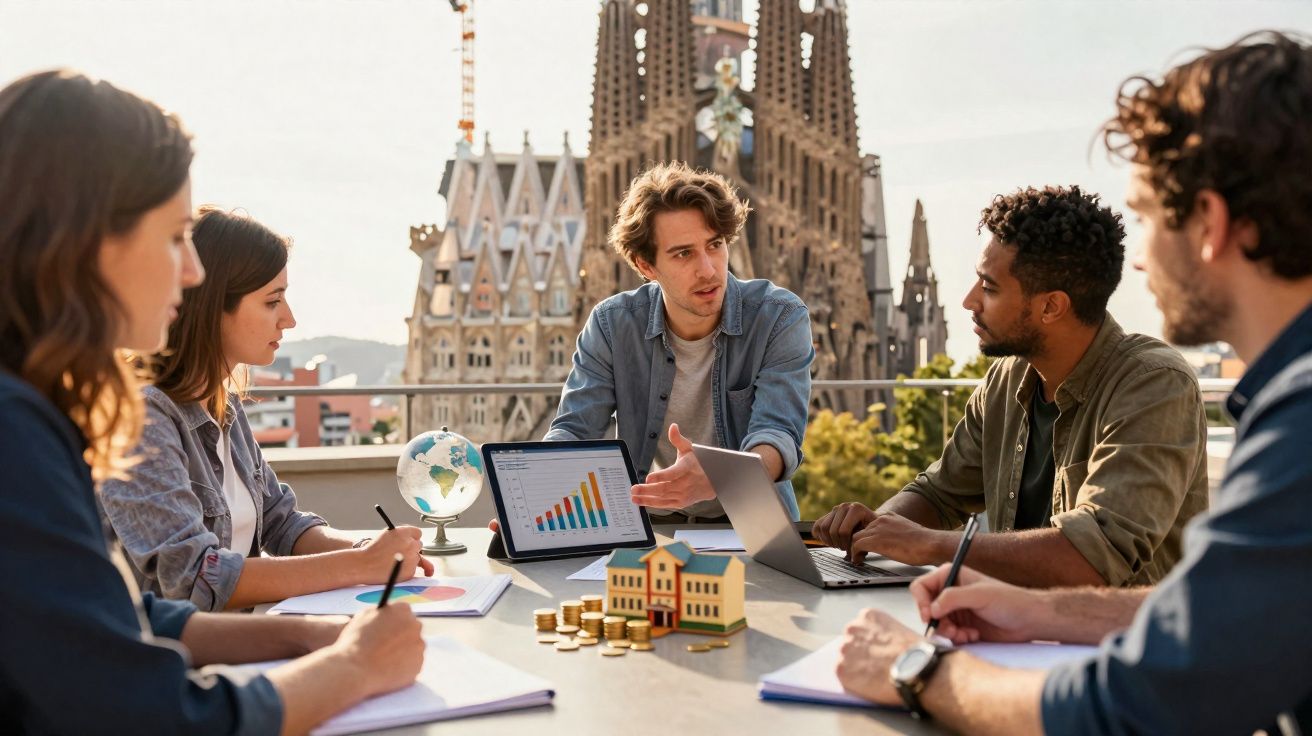 Grupo de cinco jovens a discutir gráficos financeiros numa mesa ao ar livre com a Sagrada Família ao fundo.