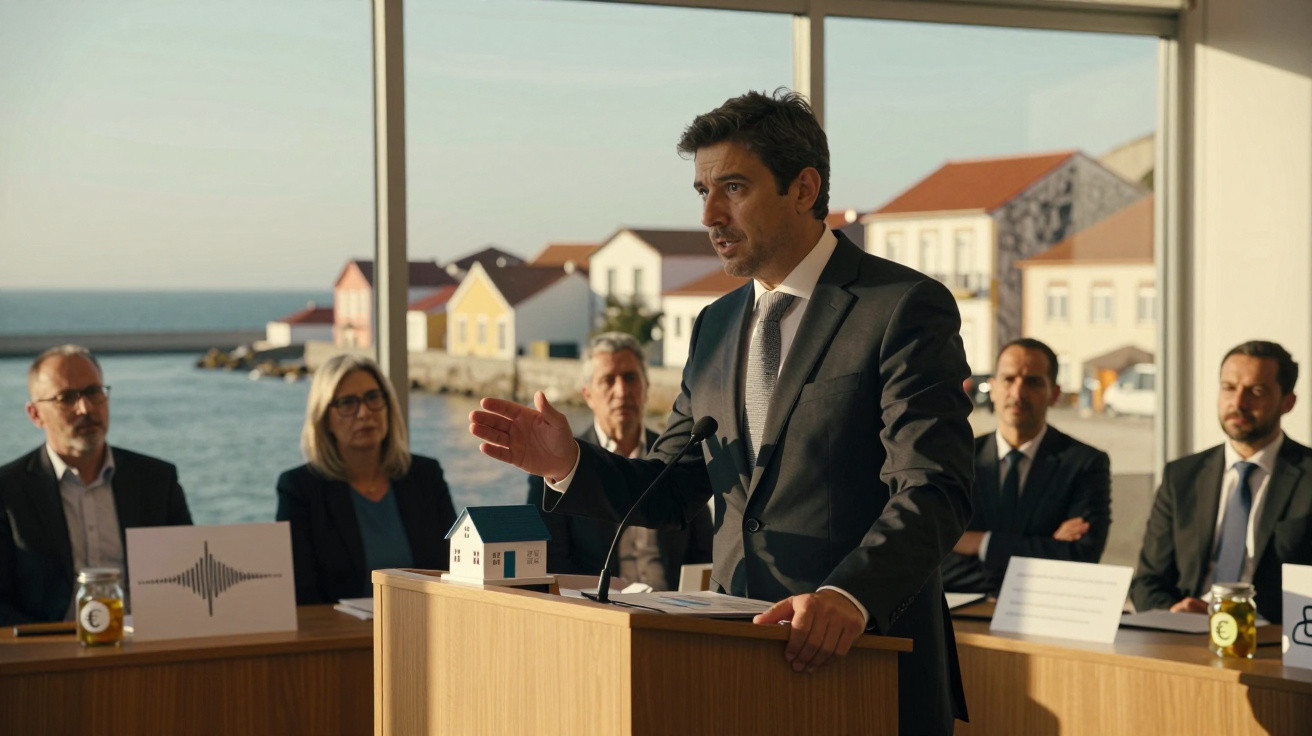 Homem de fato discursando num pódio perante grupo de pessoas, com vista para casas e mar ao fundo.