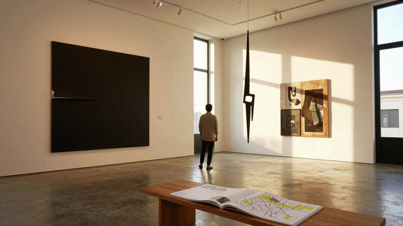 Pessoa a observar obras de arte moderna numa galeria com iluminação natural e livro aberto numa mesa de madeira.