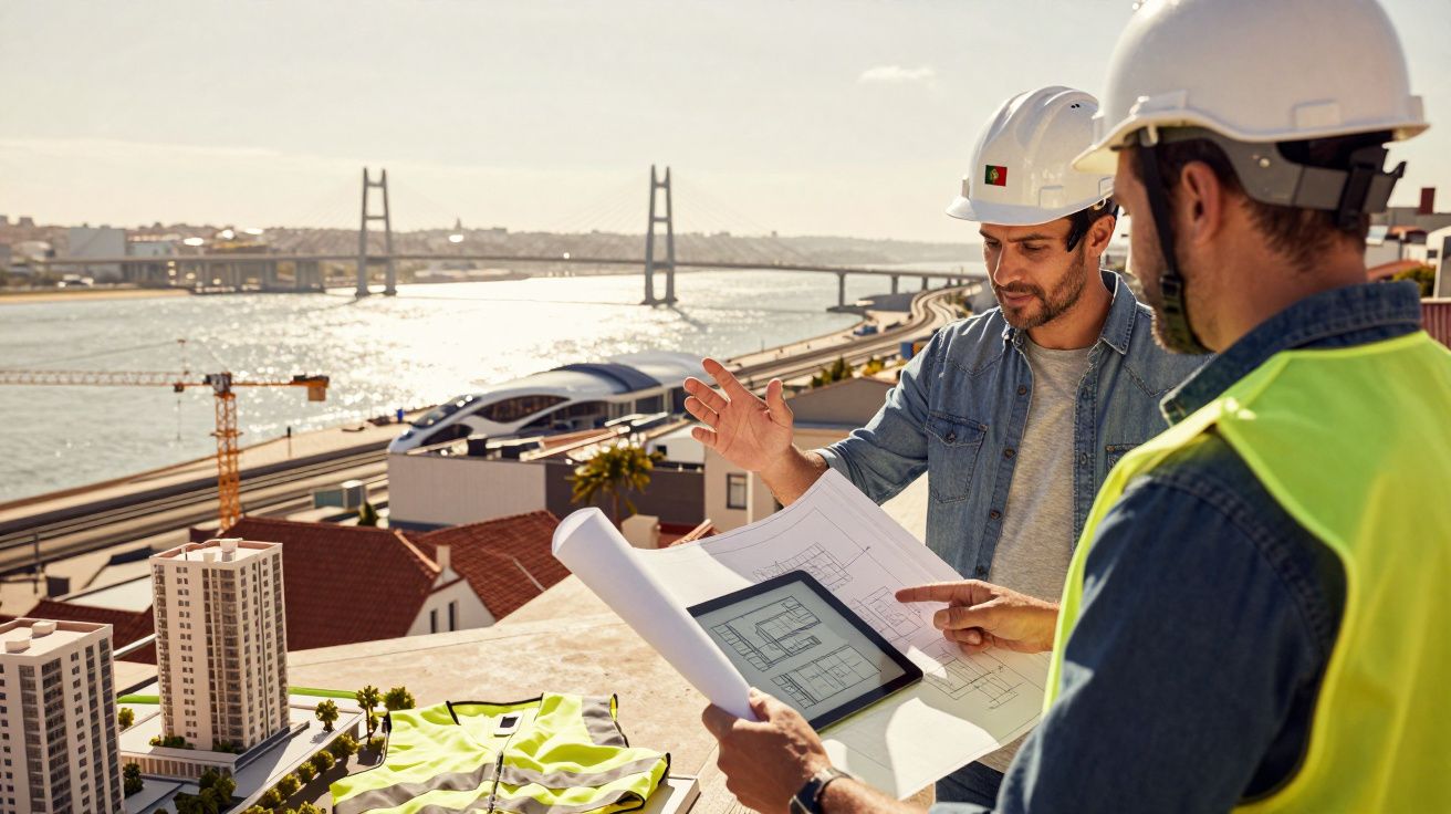 Dois engenheiros com capacetes revisando plantas e modelos de construção junto a um rio com ponte ao fundo.
