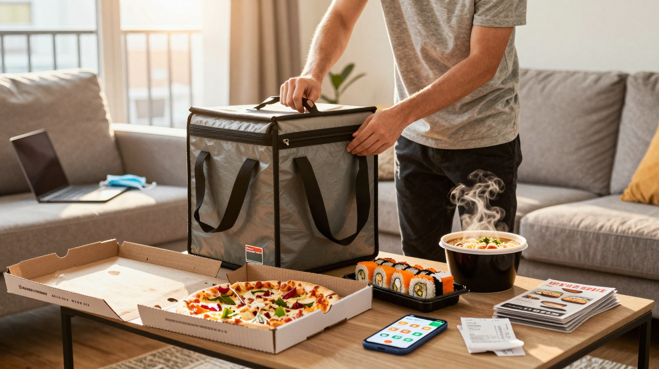 Mesa com pizza, sushi, sopa quente, telemóvel e sacola térmica numa sala de estar com sofá cinzento.