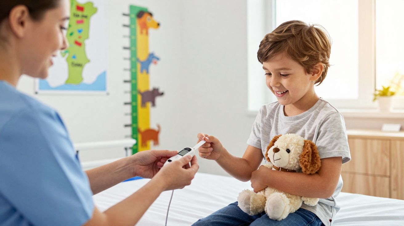 Menino a sorrir sentado com ursinho de peluche enquanto técnica de saúde lhe coloca um medidor de glicose.