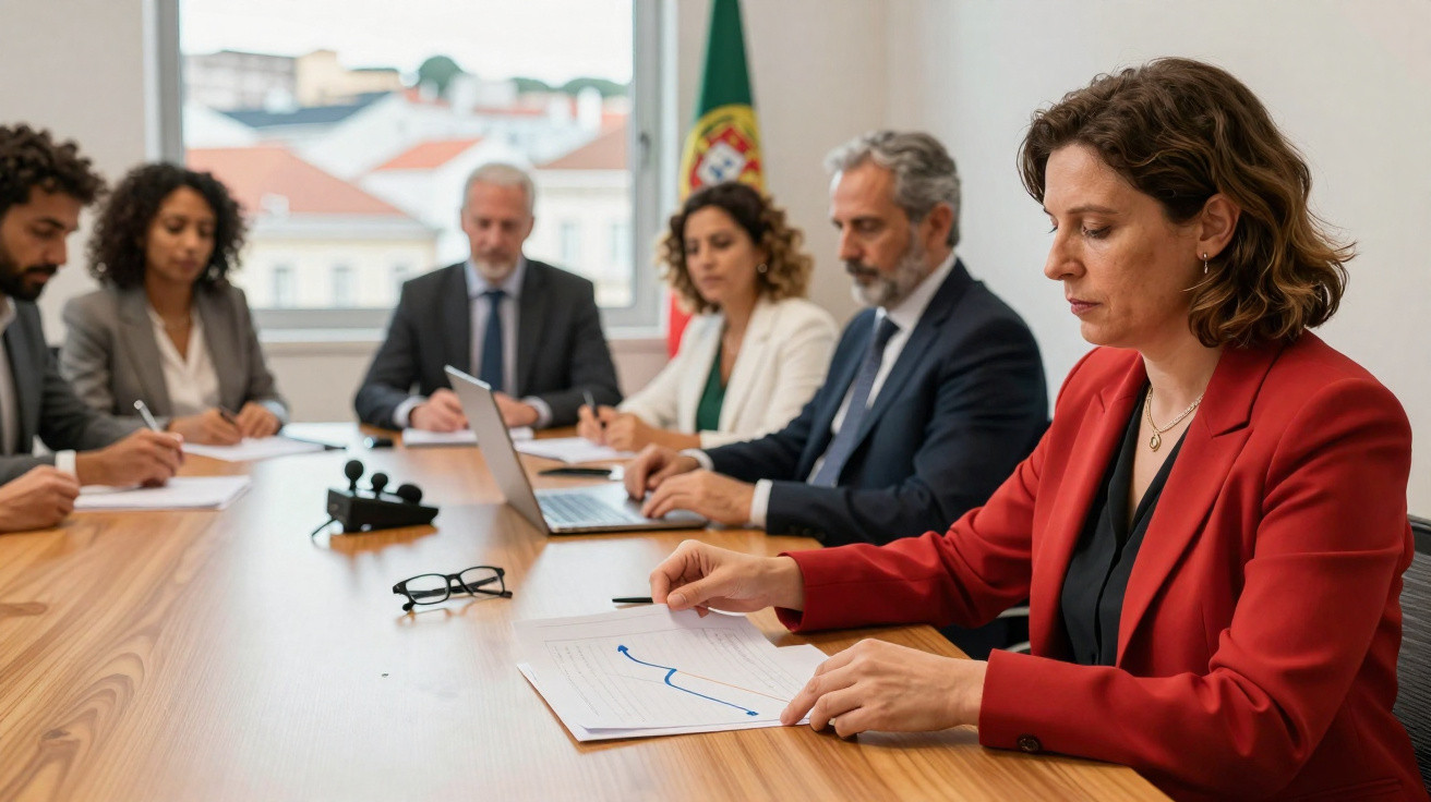 Reunião de negócios com seis profissionais a discutir gráficos e tomar notas numa sala com bandeira de Portugal.