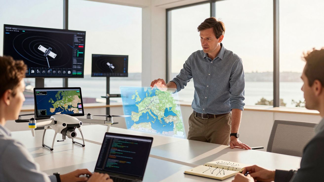 Homem apresenta mapa virtual de Europa a colegas numa reunião tecnológica com drones e computadores.