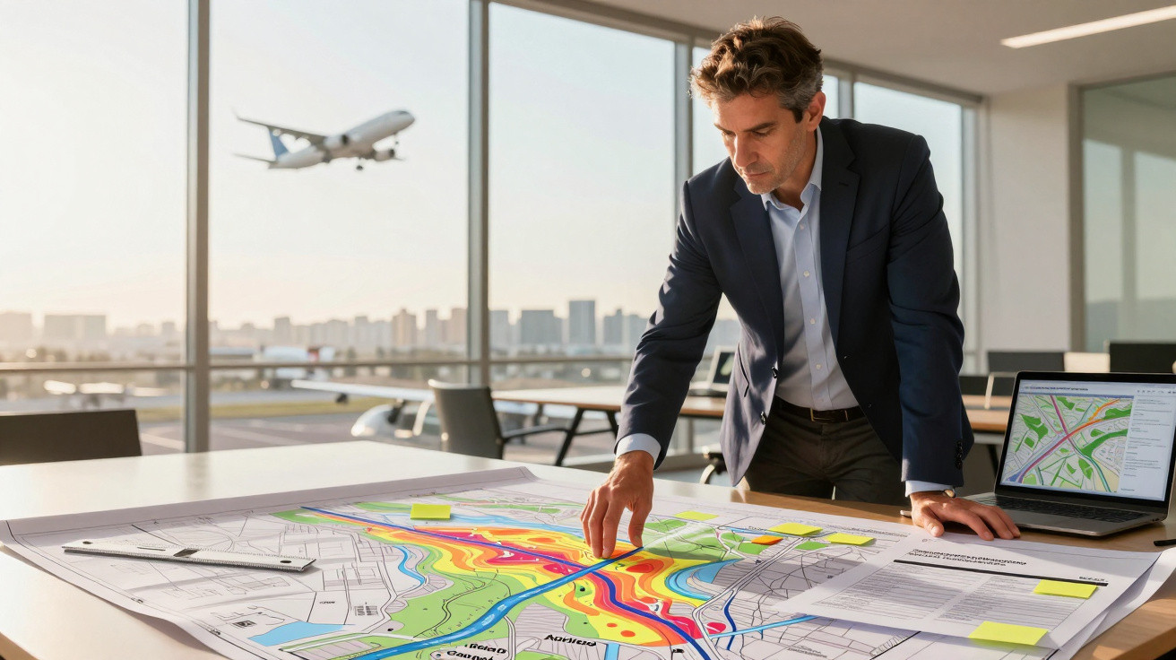 Homem a analisar mapa colorido numa mesa, com avião a descolar ao fundo, interior de escritório moderno.