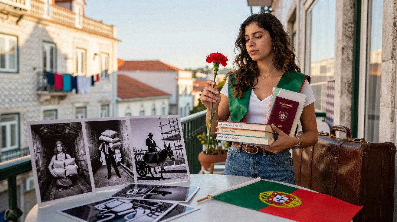 Jovem com beca segura flor e livros, junto de mesa com fotos antigas e bandeira de Portugal numa varanda urbana.
