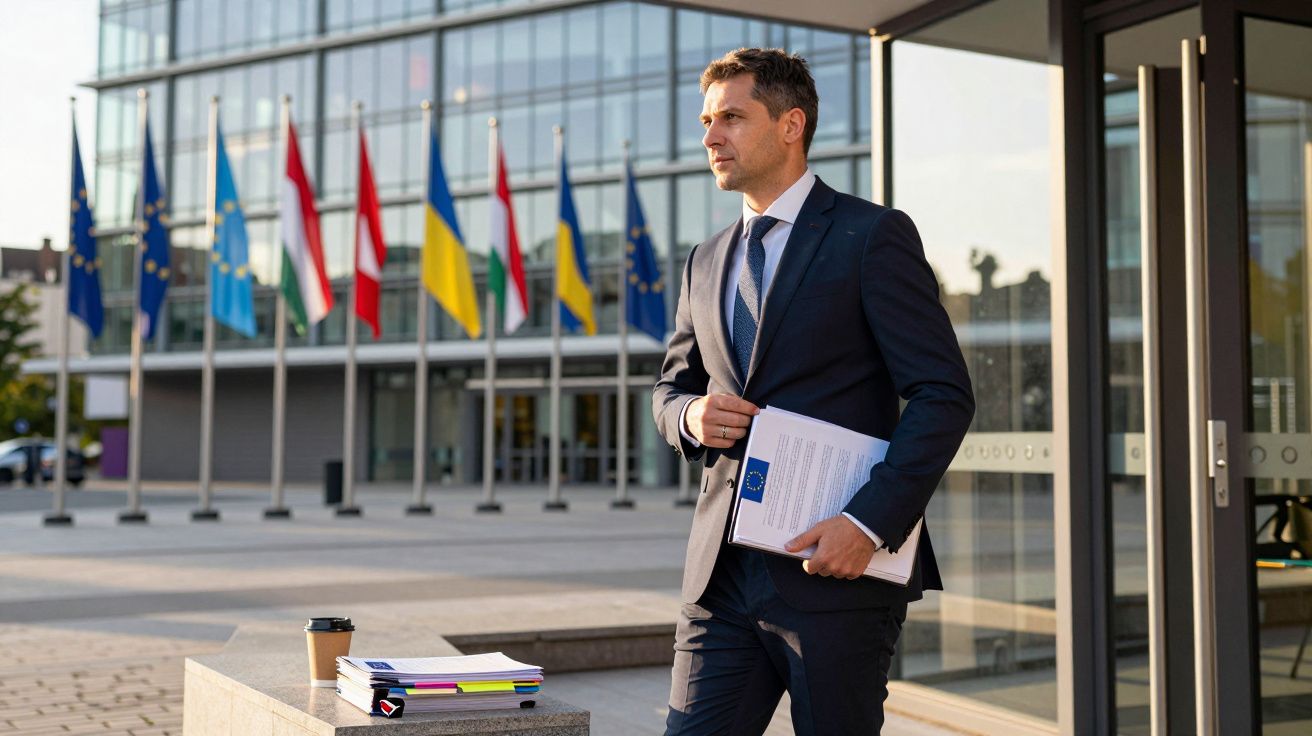 Homem de fato azul segura documentos com bandeira da UE em edifício oficial com várias bandeiras ao fundo.