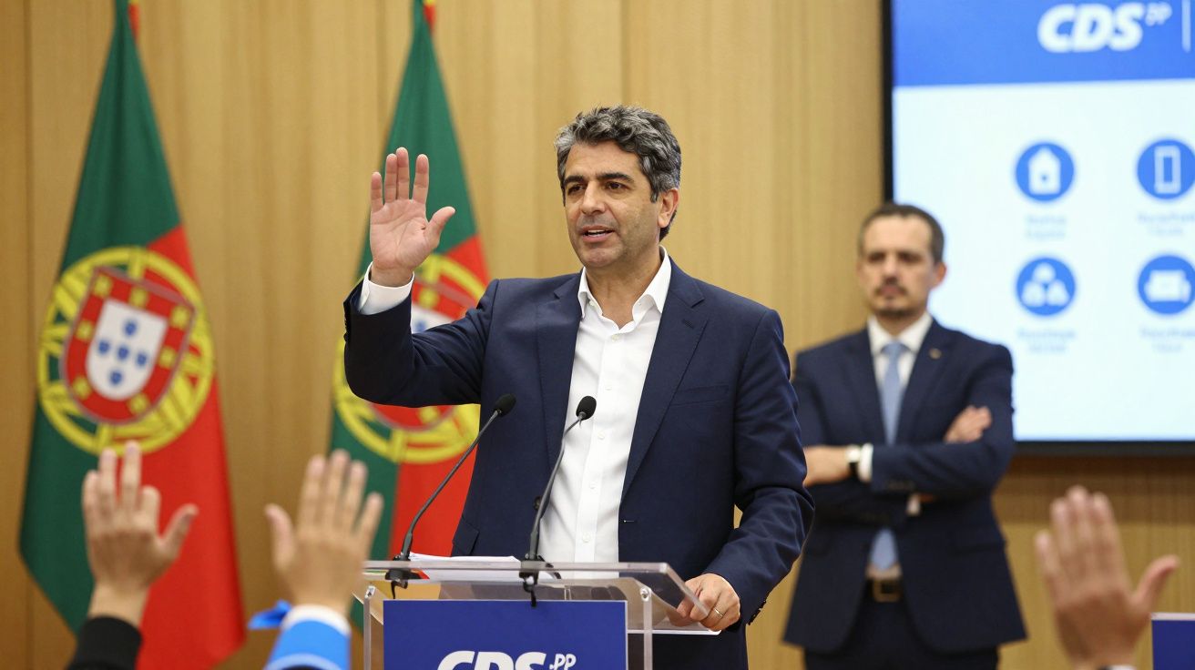 Homem em fato azul a discursar com a mão levantada, bandeiras de Portugal ao fundo e outra pessoa de terno atrás.