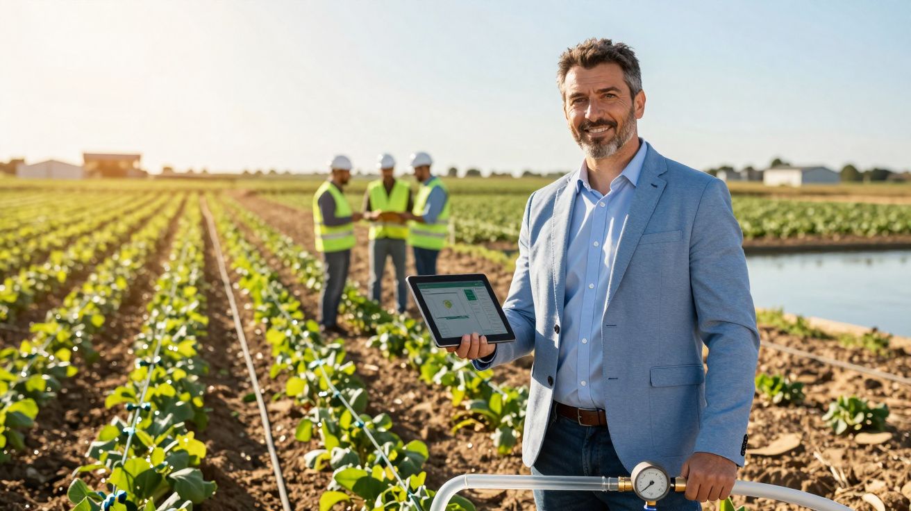 Homem com tablet em mão numa plantação, com três operários a conversar ao fundo no campo.
