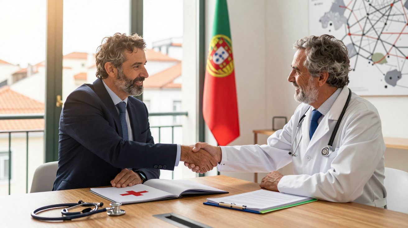Homens com barba a cumprimentarem-se numa mesa de escritório com bandeira de Portugal ao fundo.