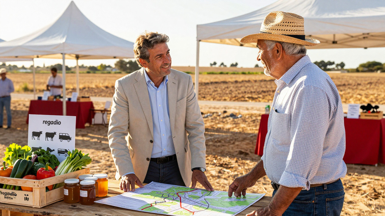 Dois homens conversam sobre mapas numa feira agrícola ao ar livre com produtos hortícolas e mel à mostra.