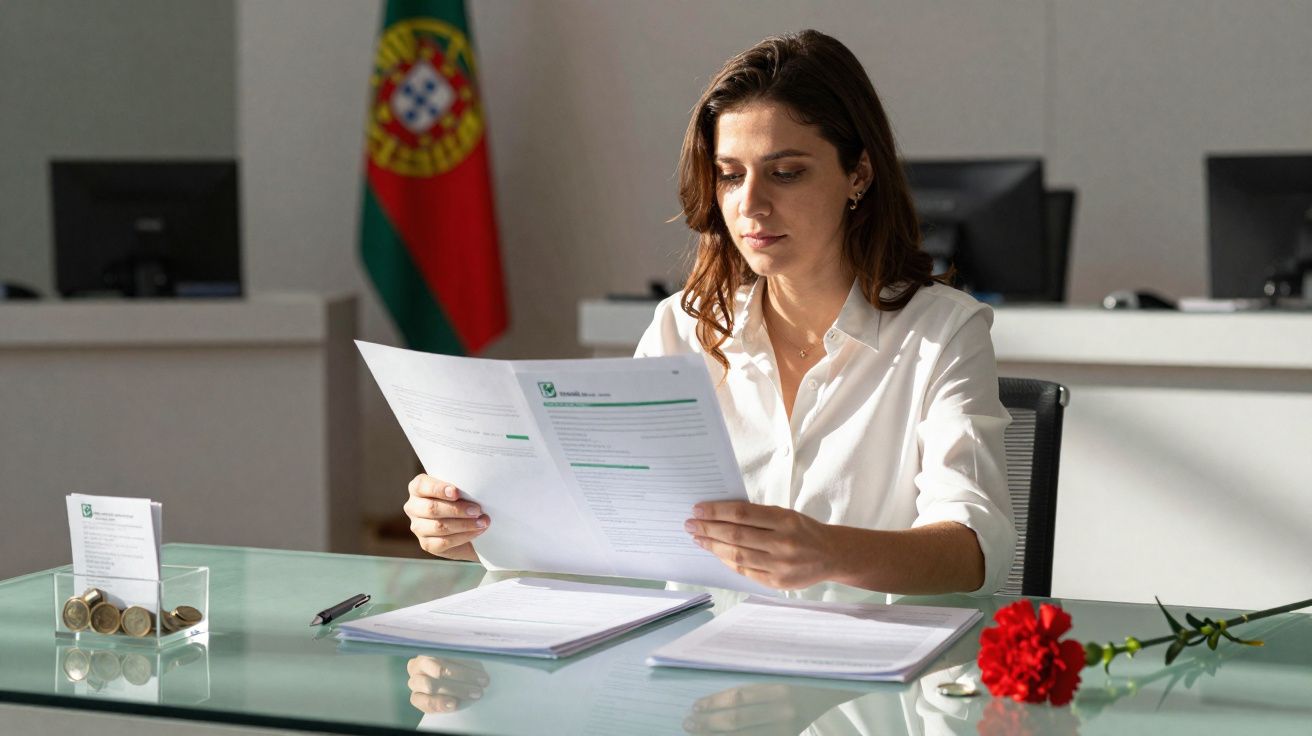 Mulher sentada a ler documentos num escritório com bandeira de Portugal ao fundo e cravo vermelho na mesa.
