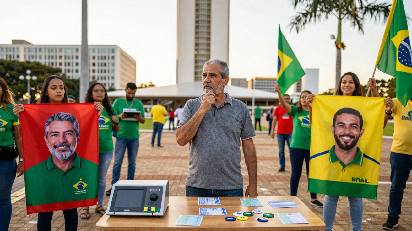 Homem de pé junto a urna e mesas com documentos, cercado por apoiantes com bandeiras e cartazes do Brasil.