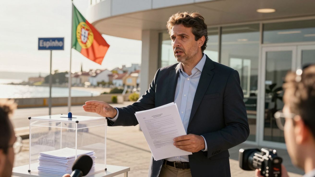 Homem de fato azul a falar para microfone junto a urna transparente com papeis, com bandeira de Portugal ao fundo.