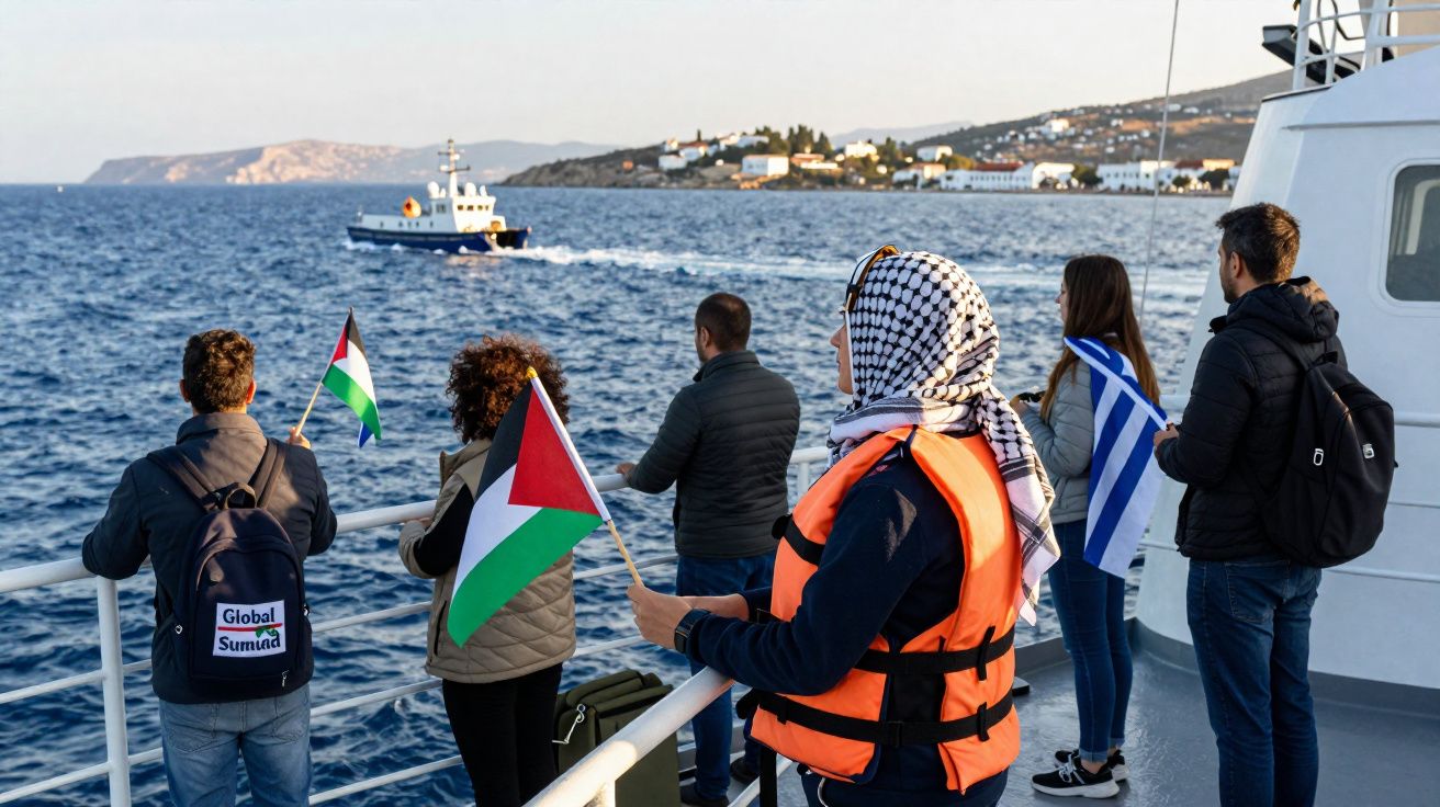 Pessoas em barco seguram bandeiras da Palestina e Grécia olhando para o mar e barco distante.