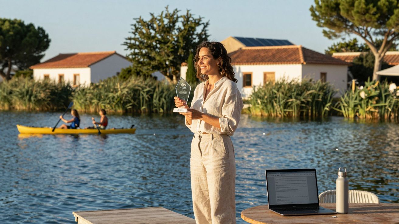 Mulher sorridente a segurar um prémio numa mesa perto de um lago com caiaques e casas ao fundo.