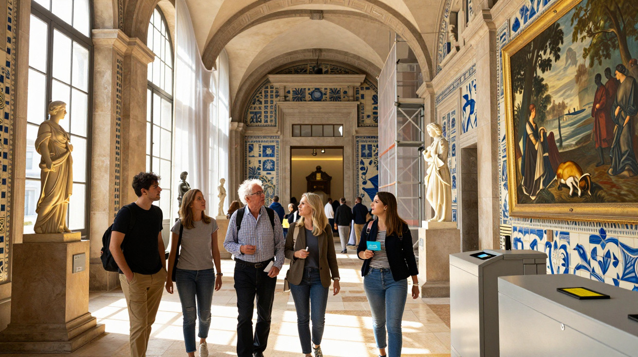 Grupo de pessoas a visitar galeria de arte com estátuas e azulejos portugueses em museu iluminado por luz natural.