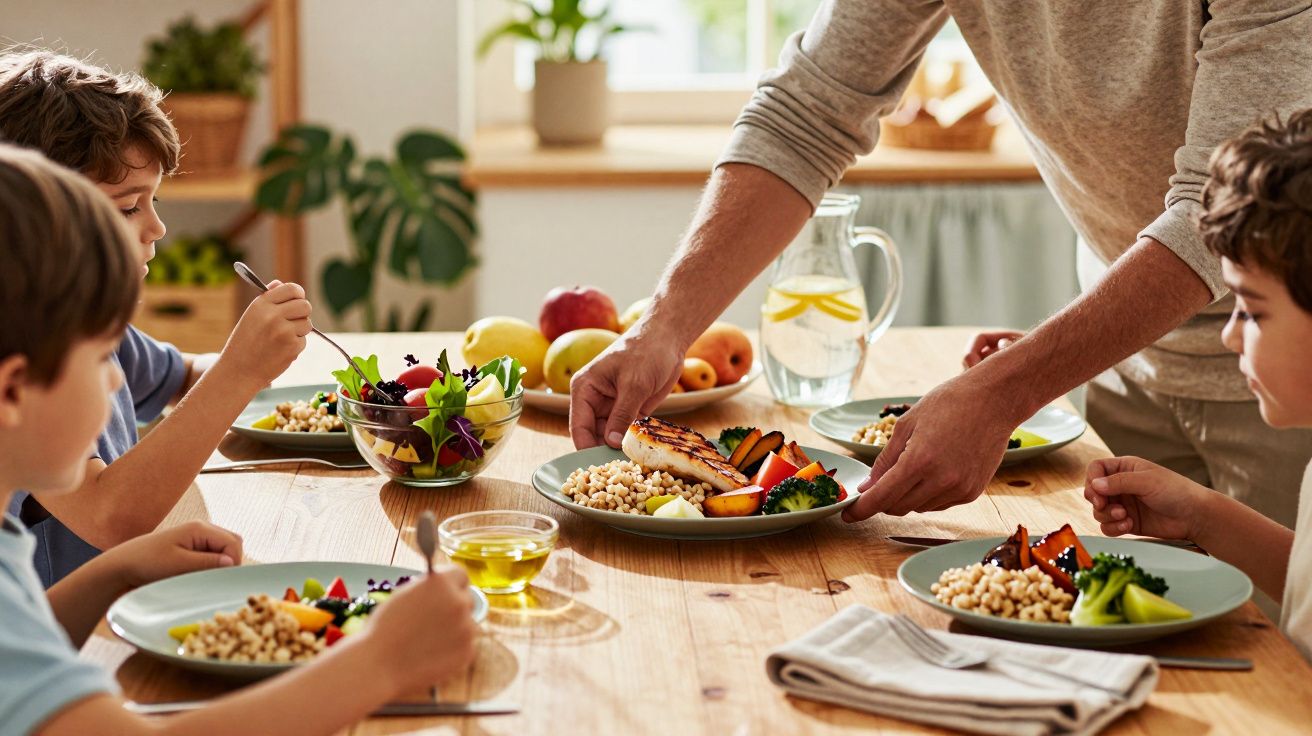 Crianças sentadas à mesa a almoço, adulto a servir prato com legumes, arroz e salmão grelhado.