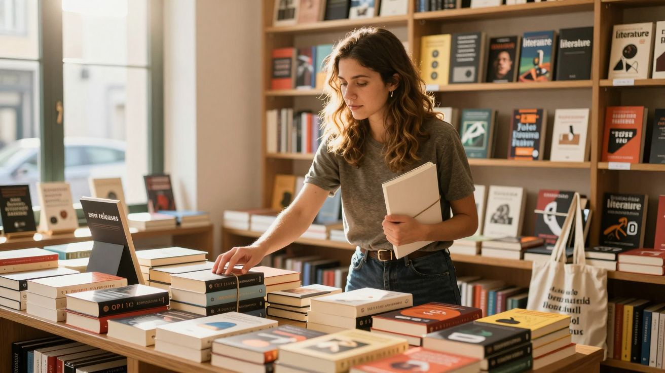 Mulher jovem a escolher livros numa livraria moderna com estantes de várias obras ao fundo.