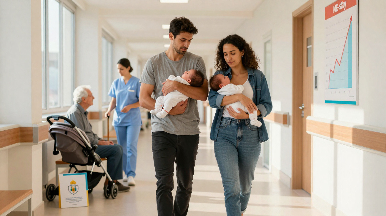 Casal jovem a caminhar num corredor de hospital, cada um segurando um bebé recém-nascido nos braços.