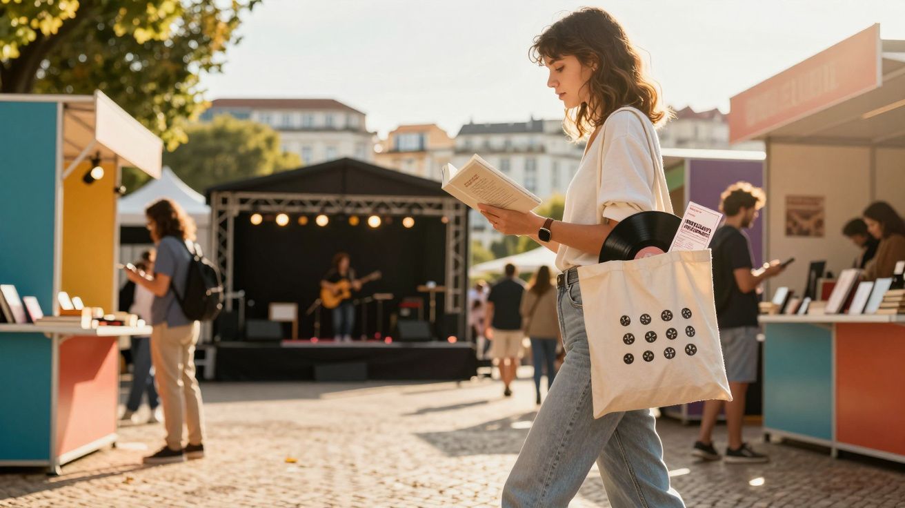 Mulher jovem a ler livro numa feira ao ar livre com músicos a tocar no palco ao fundo.