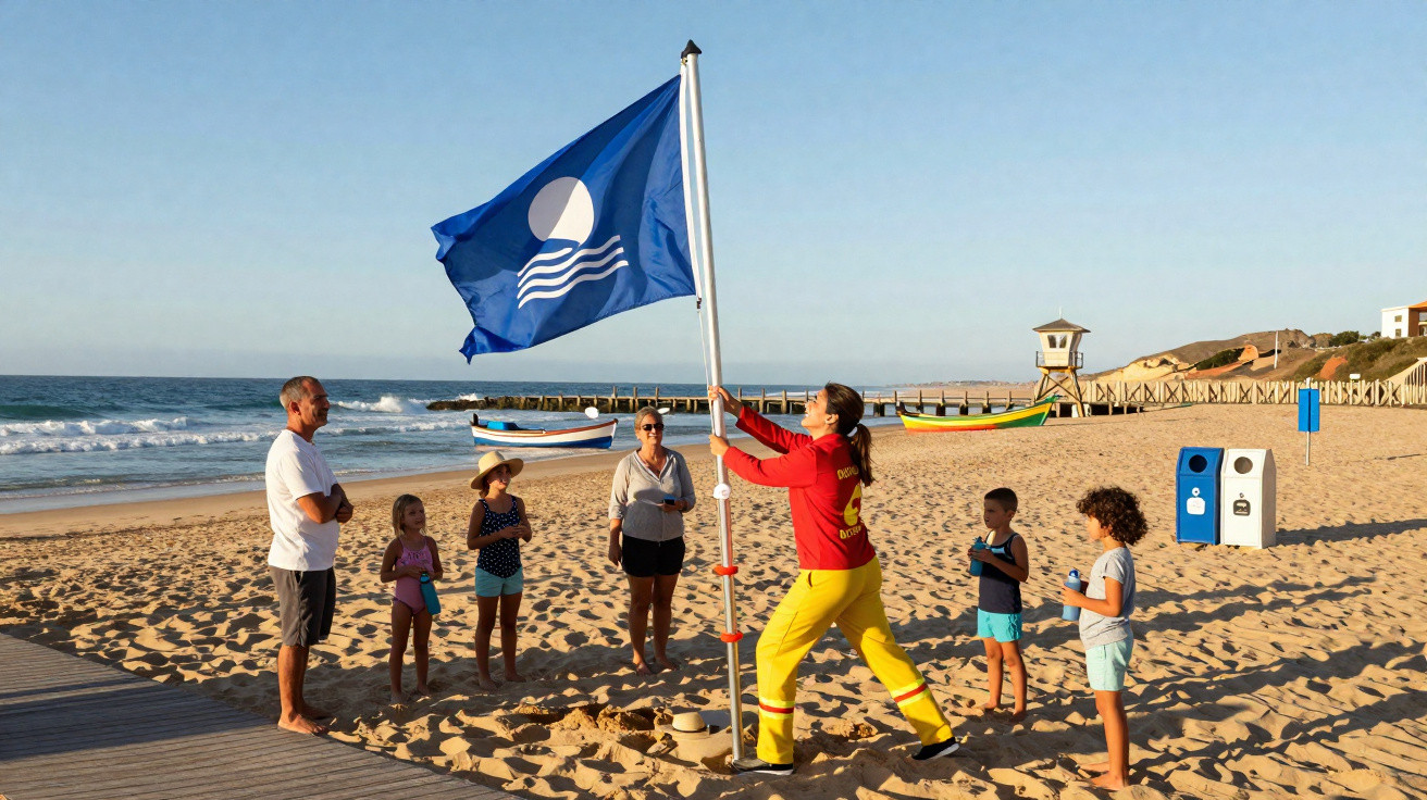 Banhistas observam uma figura a içar uma bandeira azul numa praia com mar e barcos ao fundo.
