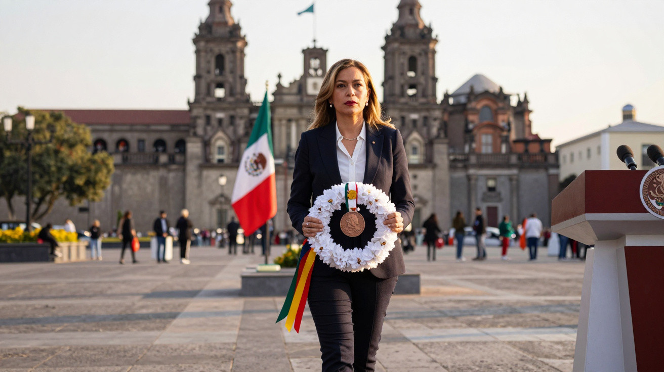 Mulher em fato escuro segura coroa de flores em cerimónia oficial na praça com bandeira do México ao fundo.