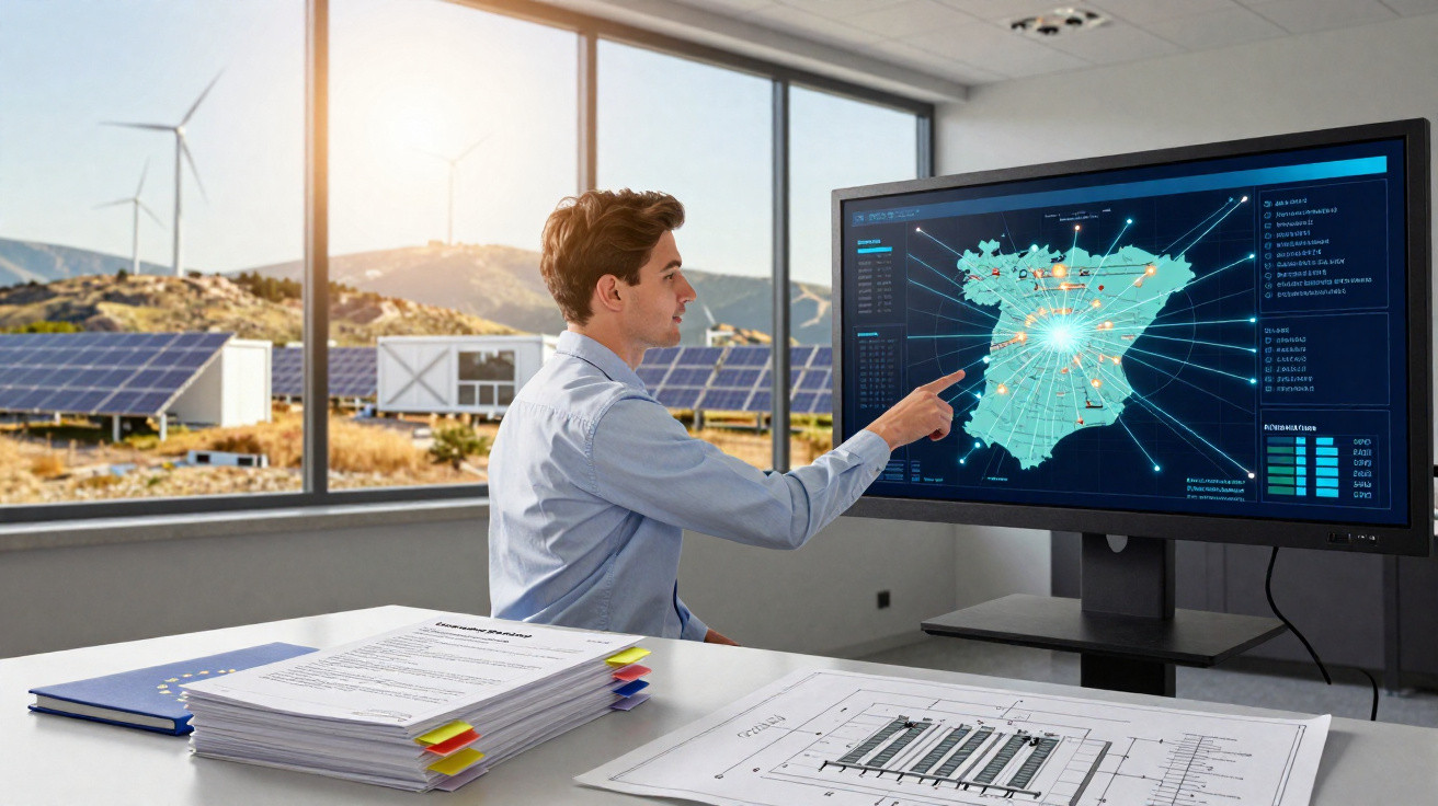 Homem sentado em escritório com painéis solares ao fundo, analisando mapa digital de Espanha no ecrã.