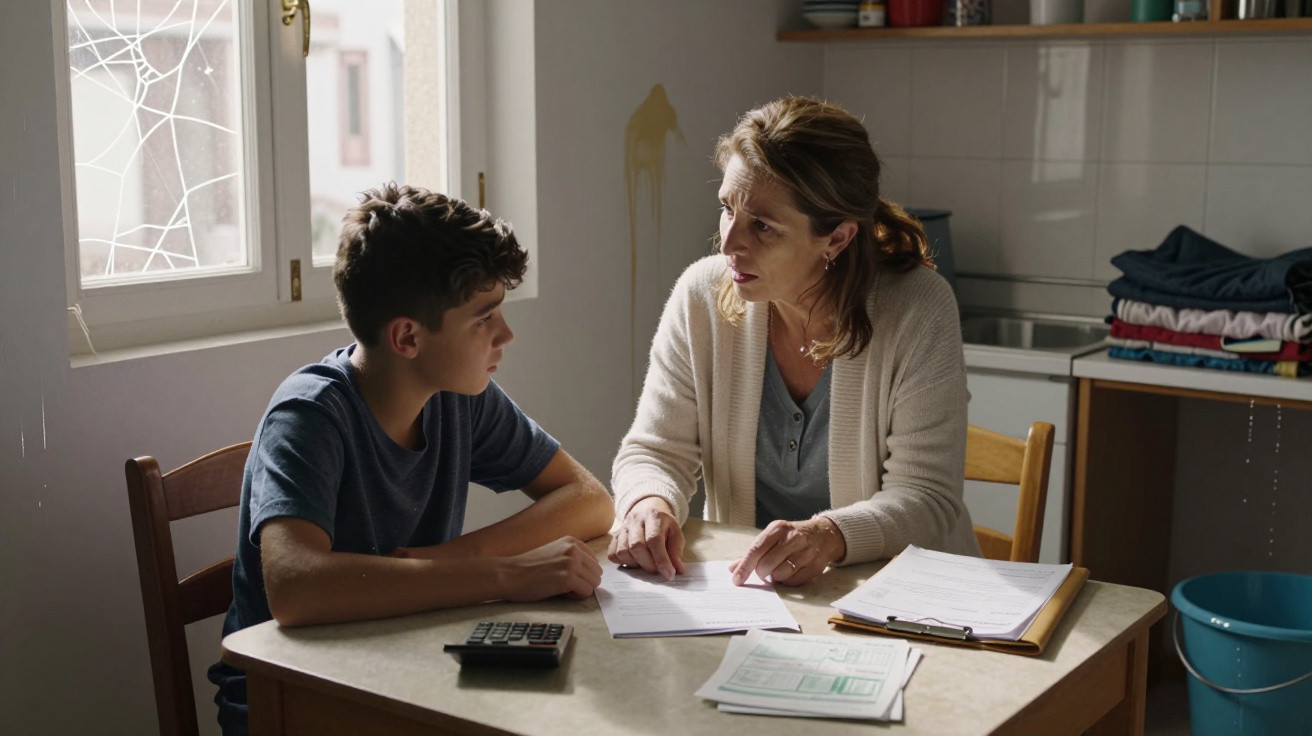 Mulher e rapaz sentados à mesa numa cozinha, a conversar e a analisar documentos juntos.