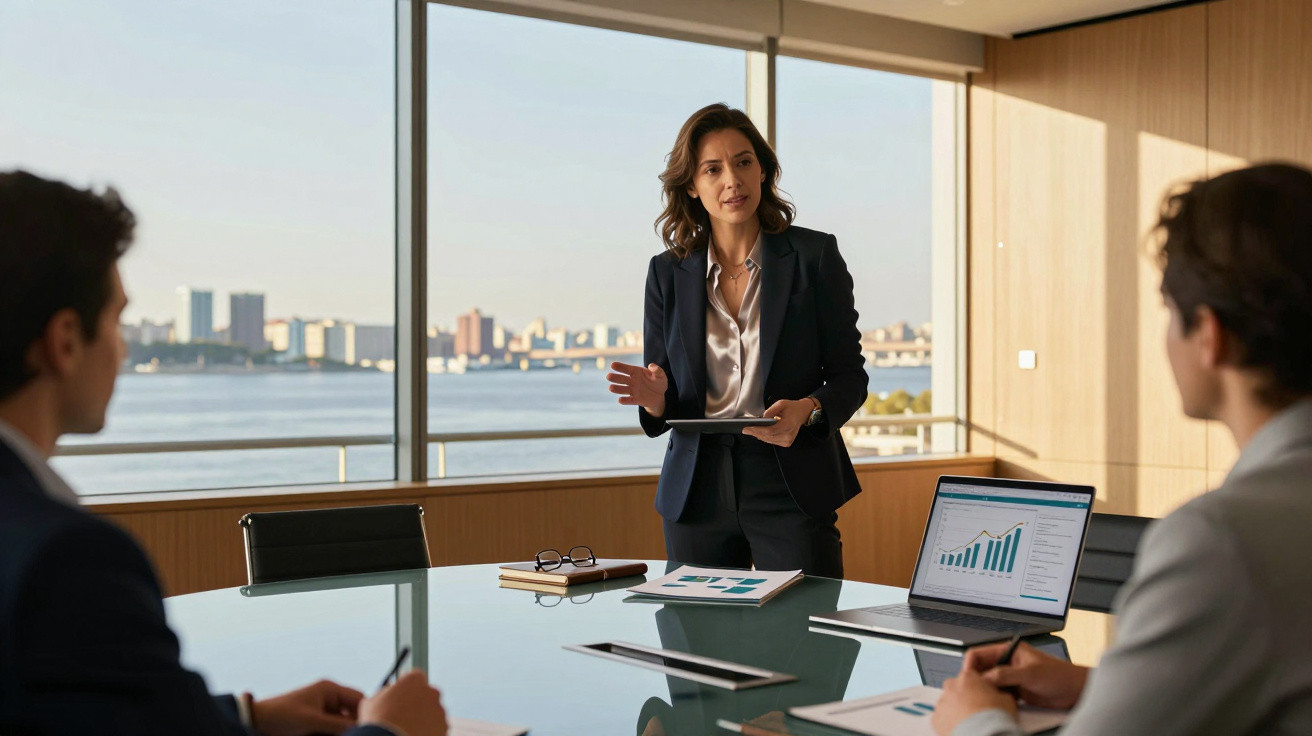 Mulher a apresentar dados económicos numa reunião de negócios numa sala com vista para o rio.